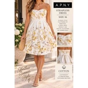 APNY Women 16 White Yellow Floral Strapless Fit Flare Cotton Summer Dress Bow